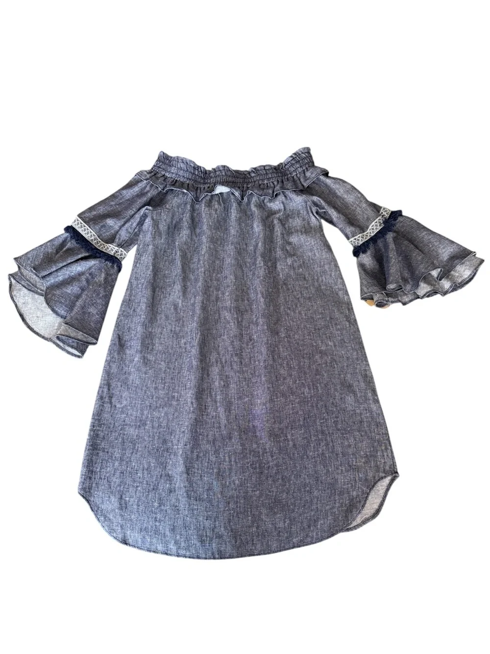 Hope & Harlow Linen Blend Off Shoulder Bell Sleeve Fringe Trim Denim Dress SZ 6